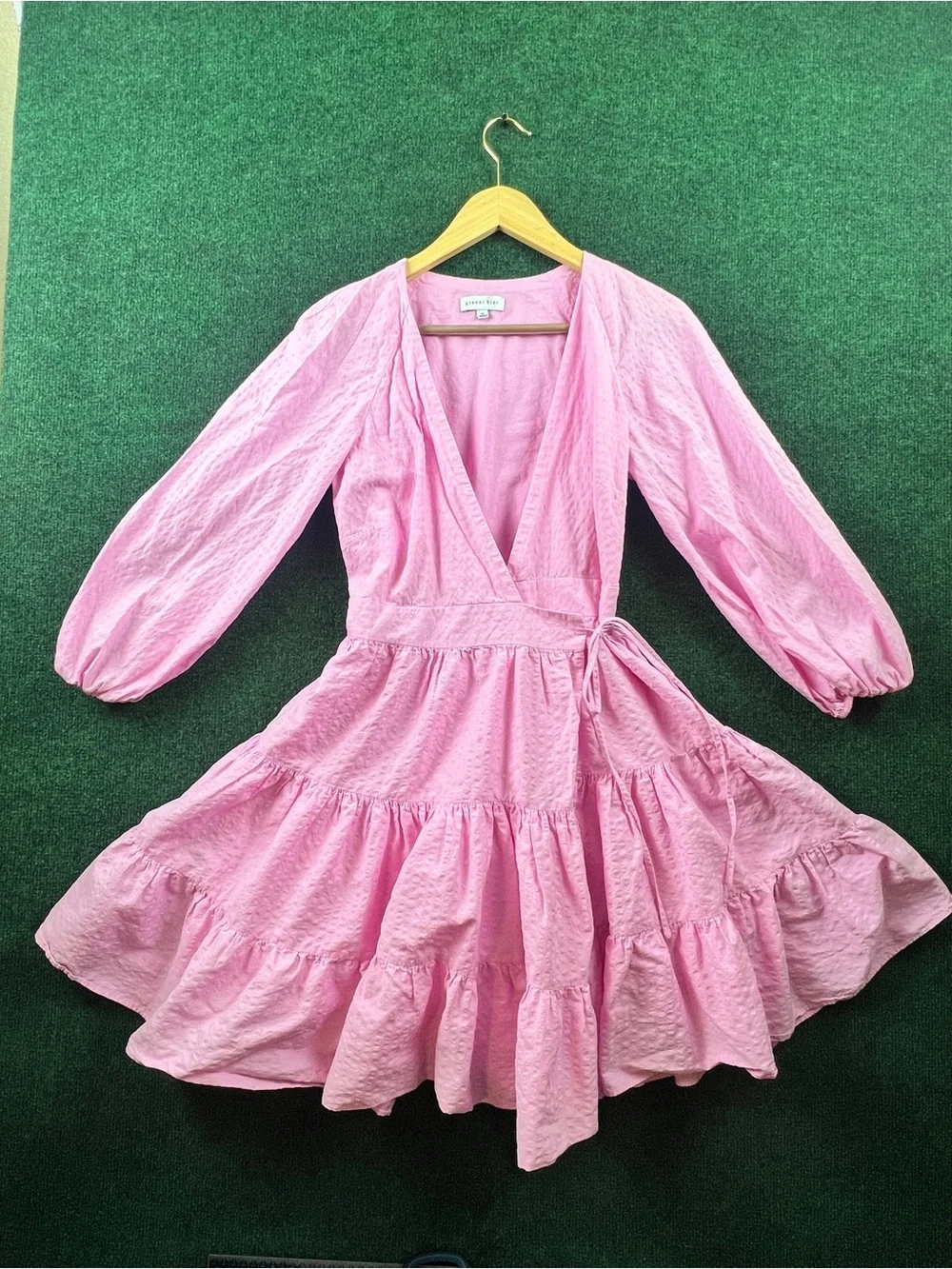 Gianni Bini Pink Wrap-Tie Tiered Dress with Balloon Sleeves (SKU#20021)